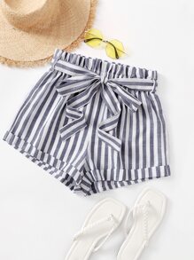 SHEIN VCAY Striped Print Paperbag Waist Belted Shorts - Blue and White - View 1