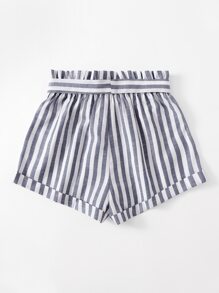 SHEIN VCAY Striped Print Paperbag Waist Belted Shorts - Blue and White - View 2