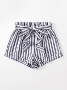 SHEIN VCAY Striped Print Paperbag Waist Belted Shorts - Blue and White - View 3