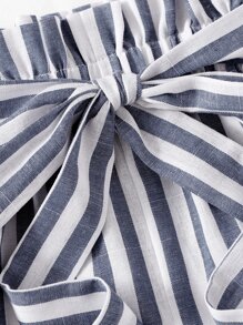 SHEIN VCAY Striped Print Paperbag Waist Belted Shorts - Blue and White - View 5