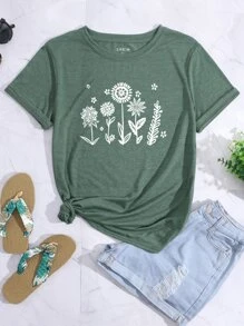 SHEIN LUNE Camiseta con estampado floral - Verde Oscuro - Ver 1