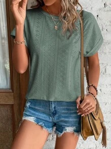 SHEIN LUNE Eyelet Embroidery Batwing Sleeve Tee - Green - View 4