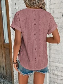 SHEIN LUNE Eyelet Embroidery Batwing Sleeve Tee - Redwood - View 2