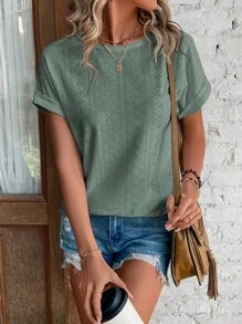 SHEIN LUNE Eyelet Embroidery Batwing Sleeve Tee - Green - View 5