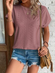 SHEIN LUNE Eyelet Embroidery Batwing Sleeve Tee - Redwood - View 5
