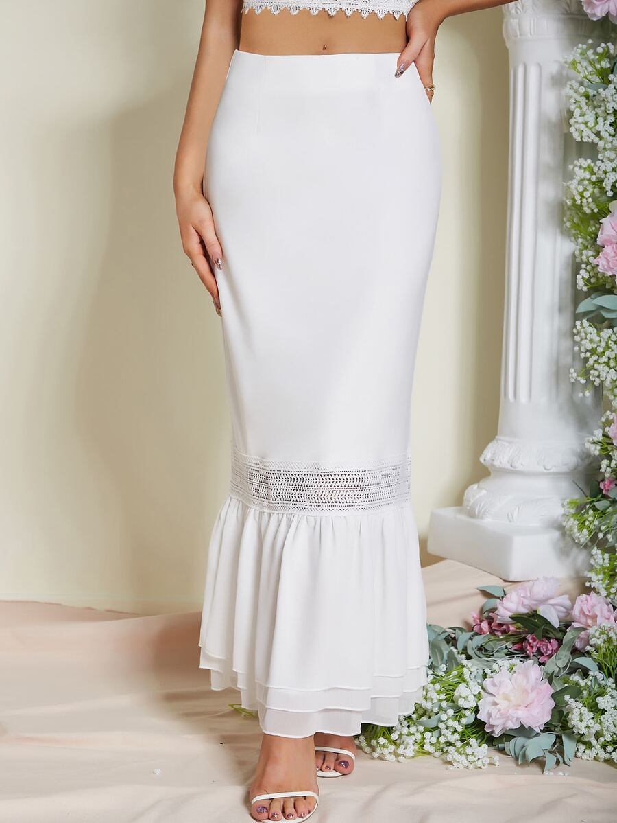 Eilly Bazar Contrast Lace Mermaid Hem Skirt - White - View 1