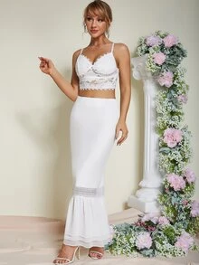Eilly Bazar Contrast Lace Mermaid Hem Skirt - White - View 6