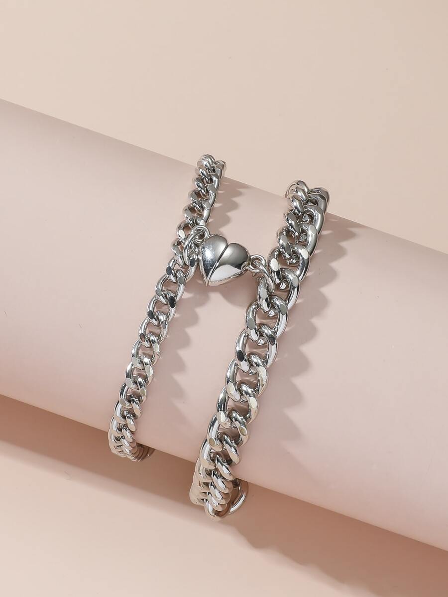 2pcs/set Couple Magnetic Heart Charm Bracelet - Silver - View 1