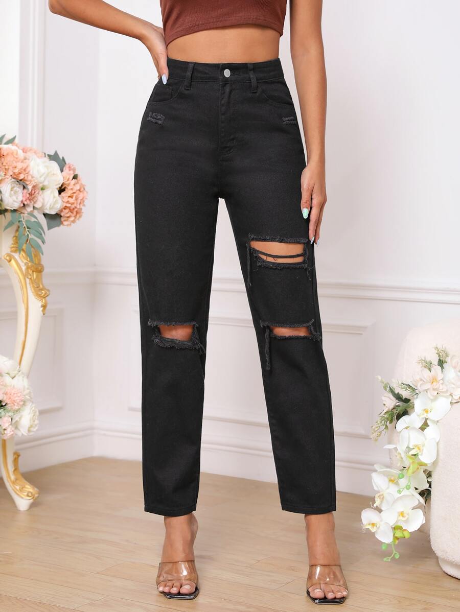 SHEIN EZwear Quần jean nữ Túi Bị tách Dây kéo màu trơn - màu đen - Xem 1