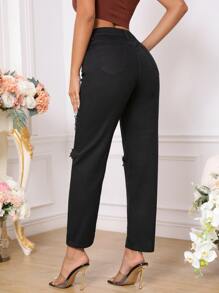SHEIN EZwear Quần jean nữ Túi Bị tách Dây kéo màu trơn - màu đen - Xem 2