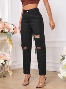 SHEIN EZwear Quần jean nữ Túi Bị tách Dây kéo màu trơn - màu đen - Xem 3