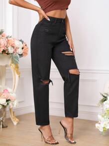 SHEIN EZwear Quần jean nữ Túi Bị tách Dây kéo màu trơn - màu đen - Xem 4