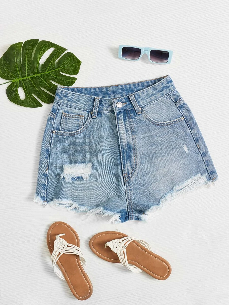 SHEIN EZwear Ripped Raw Hem Denim Shorts - Light Wash - View 1