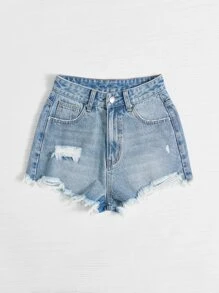 SHEIN EZwear Ripped Raw Hem Denim Shorts - Light Wash - View 4