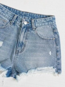 SHEIN EZwear Ripped Raw Hem Denim Shorts - Light Wash - View 5