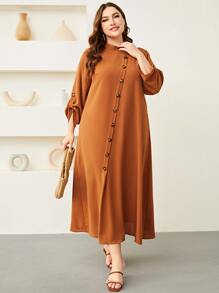 Mulvari 大碼素色前紐扣連衣裙 - 棕色 - 查看 1