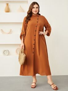 Mulvari 大碼素色前紐扣連衣裙 - 棕色 - 查看 4