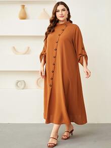 Mulvari 大碼素色前紐扣連衣裙 - 棕色 - 查看 5