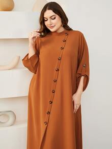 Mulvari 大碼素色前紐扣連衣裙 - 棕色 - 查看 7