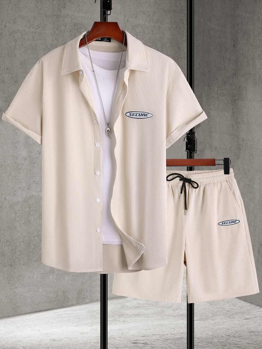 Manfinity Men Letter Patched Shirt & Drawstring Waist Shorts Without Tee - Apricot - View 1