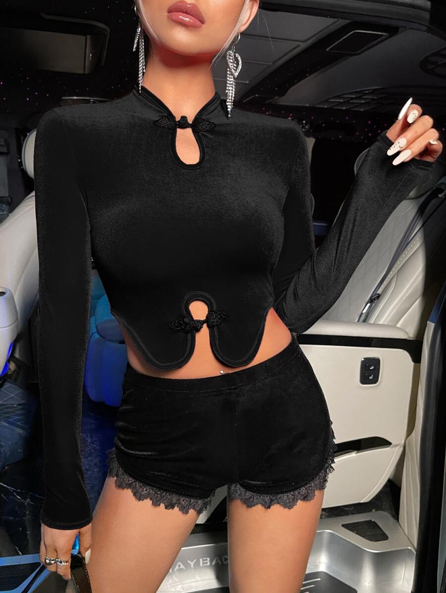 SHEIN ICON Frog Button Mandarin Collar Asymmetrical Hem Tee - Black - View 1