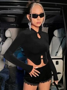 SHEIN ICON Frog Button Mandarin Collar Asymmetrical Hem Tee - Black - View 6