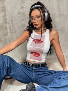 SHEIN ICON Áo hai dây Con số Giải trí - Đỏ và trắng - Xem 1