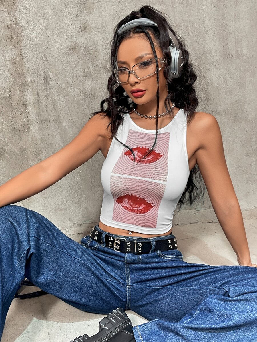 SHEIN ICON Áo hai dây Con số Giải trí - Đỏ và trắng - Xem 1