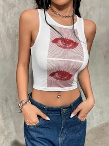 SHEIN ICON Áo hai dây Con số Giải trí - Đỏ và trắng - Xem 3
