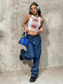 SHEIN ICON Áo hai dây Con số Giải trí - Đỏ và trắng - Xem 6