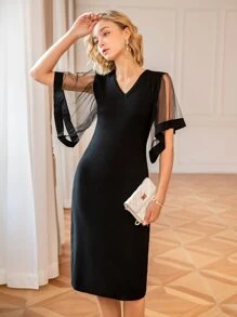 Knit Mix Contrast Mesh Sleeve Jumper Dress - Black - View 1