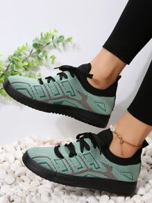 女士撞色針織前綁帶時尚休閒鞋 - 綠色 - 查看 1