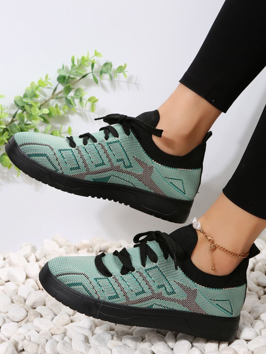 女士撞色針織前綁帶時尚休閒鞋 - 綠色 - 查看 1
