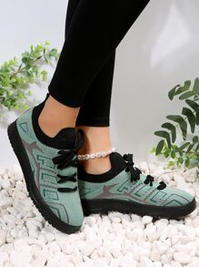 女士撞色針織前綁帶時尚休閒鞋 - 綠色 - 查看 2