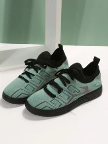 女士撞色針織前綁帶時尚休閒鞋 - 綠色 - 查看 7