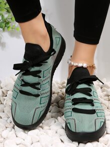 女士撞色針織前綁帶時尚休閒鞋 - 綠色 - 查看 8