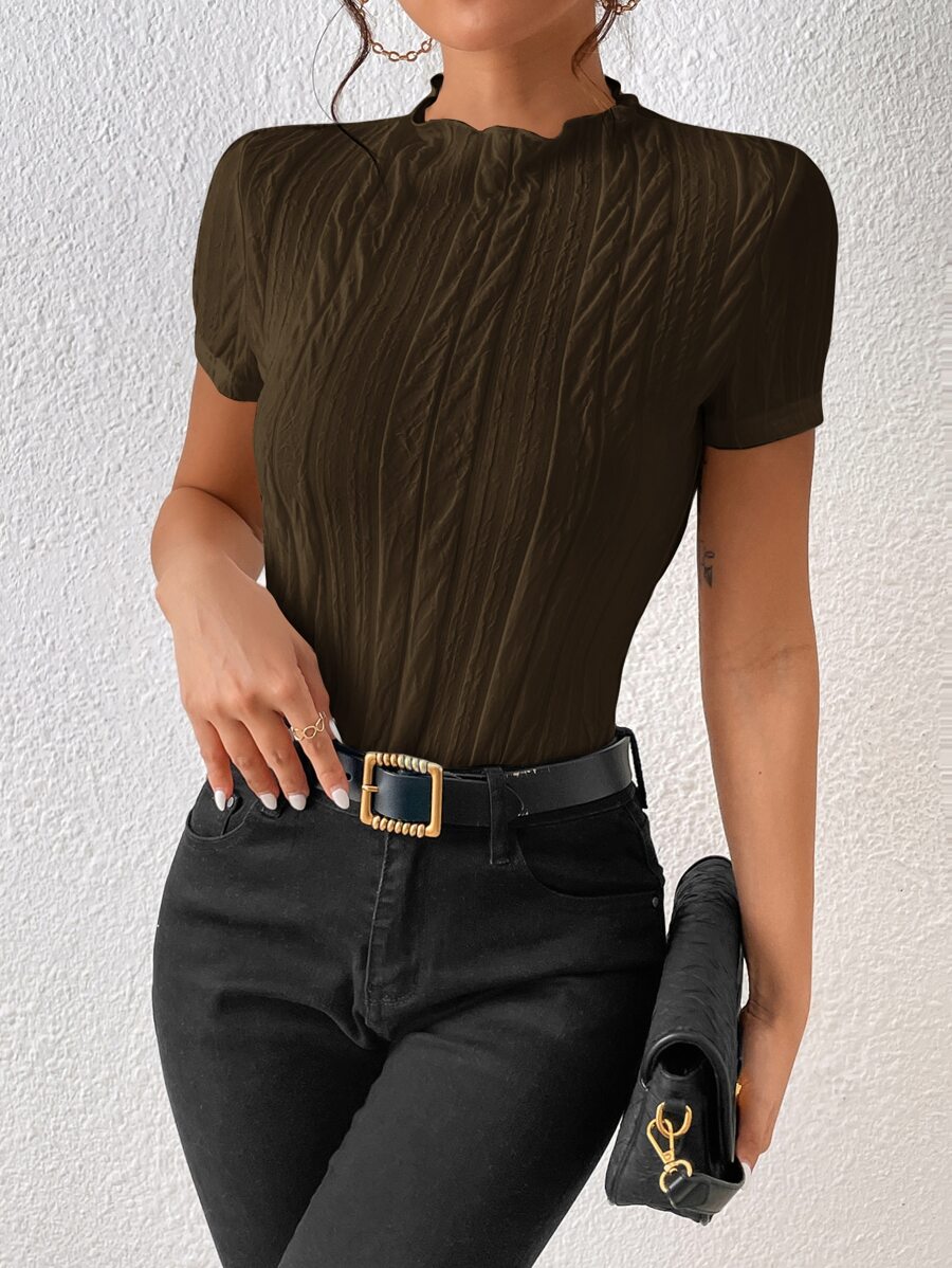 SHEIN Frenchy 素色小高領T恤 - 咖啡棕 - 查看 1