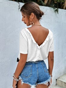 SHEIN Frenchy Fake Button Ruffle Trim V-Back Tee Summer White White Casual - White - View 1