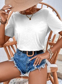 SHEIN Frenchy Fake Button Ruffle Trim V-Back Tee Summer White White Casual - White - View 2