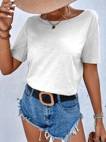 SHEIN Frenchy Fake Button Ruffle Trim V-Back Tee Summer White White Casual - White - View 3