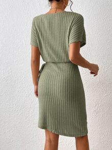 SHEIN Frenchy Batwing Sleeve Knot Side Wrap Hem Dress - Green - View 2