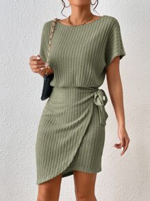 SHEIN Frenchy Batwing Sleeve Knot Side Wrap Hem Dress - Green - View 5