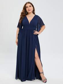 大碼深V領高衩雪紡伴娘連衣裙 - 藏蓝色 - 查看 6