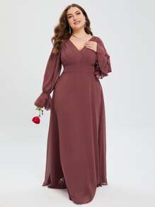 大碼荷葉袖伴娘洋裝 - 紅木色 - 查看 1