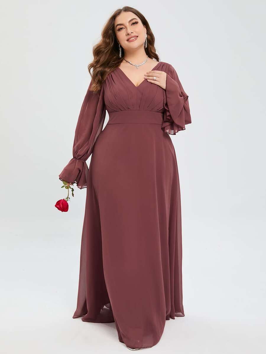 大碼荷葉袖伴娘洋裝 - 紅木色 - 查看 1