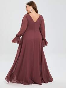 大碼荷葉袖伴娘洋裝 - 紅木色 - 查看 2