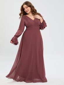 大碼荷葉袖伴娘洋裝 - 紅木色 - 查看 4