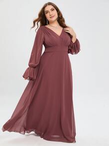 大碼荷葉袖伴娘洋裝 - 紅木色 - 查看 5
