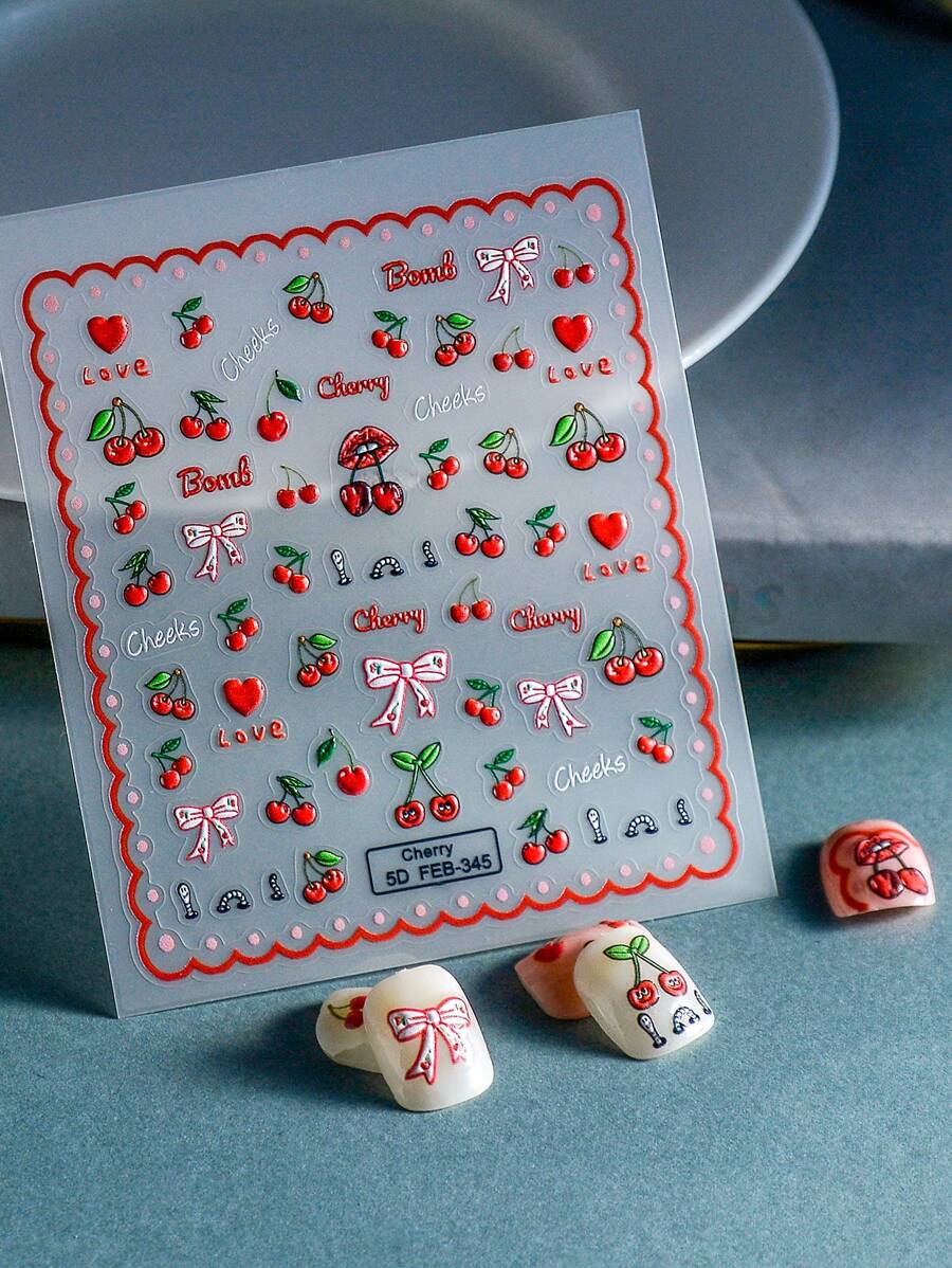 1张5D樱桃蝴蝶结图案美甲贴纸 - 彩色 - 查看 1