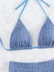 SHEIN Swim Summer Beach Schiffy Bikini Set Tie Back Halter Triangle Bra Top & Shorts 2 Pieces Bikini - Blue - View 3